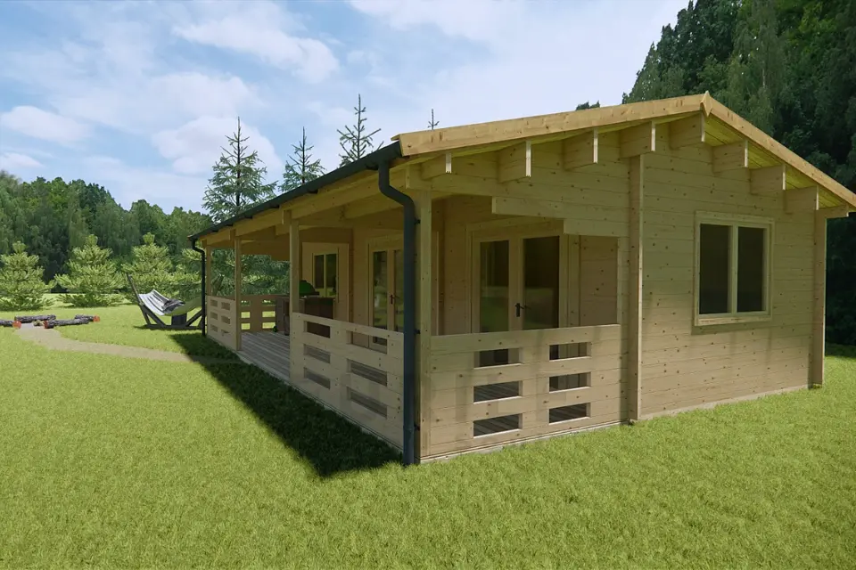 Klevas medinis sodo namelis šoniniu kampu su terasa