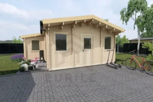 Uosis medinis sodo namelis iš priekio su įėjimu